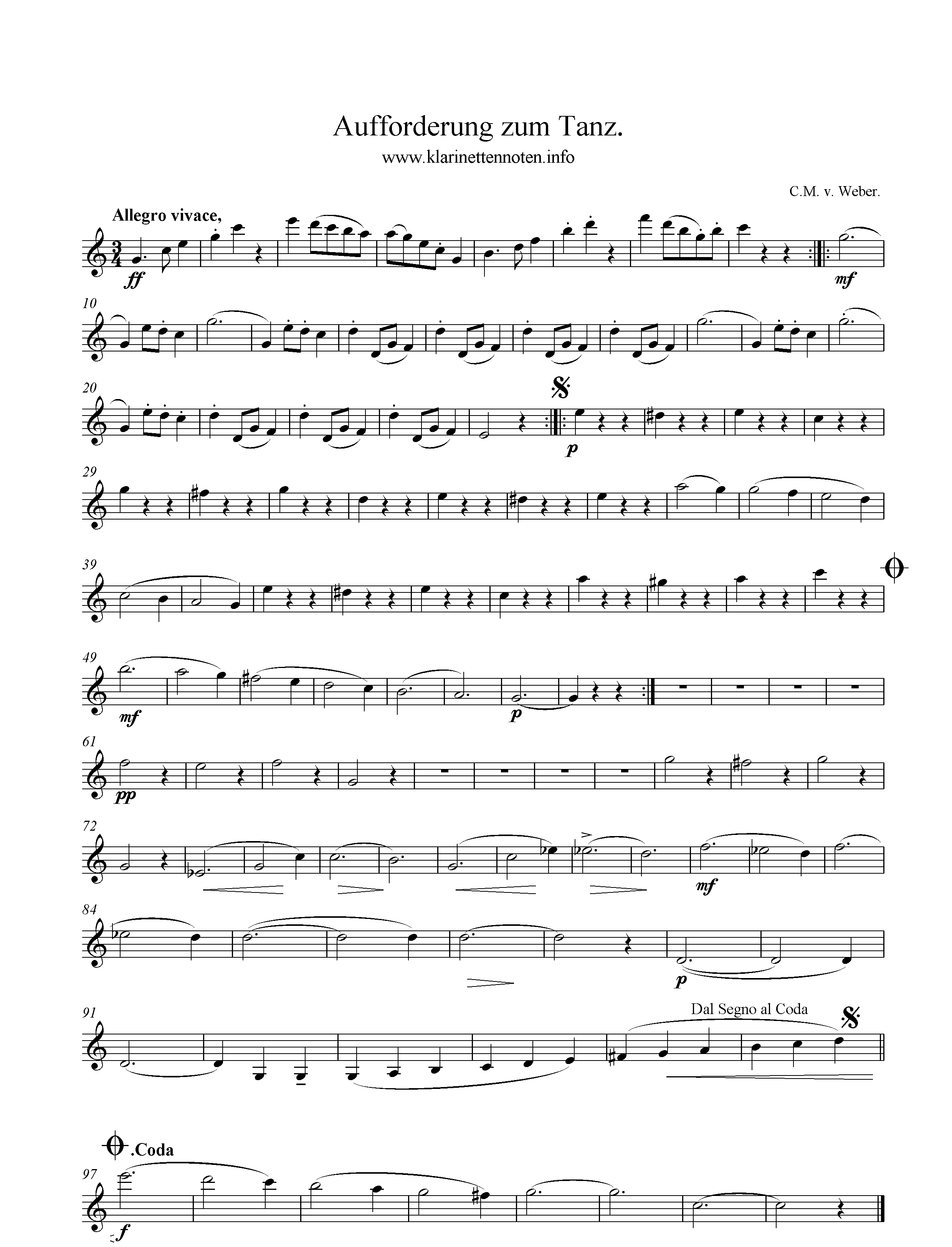 Auuforderung zum Tanz, Klarinette, Clarinet, Freesheetmusic